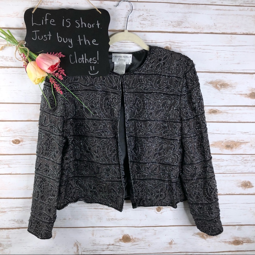 Adrianna Papell Evening black floral beaded blazer - Picture 1 of 8